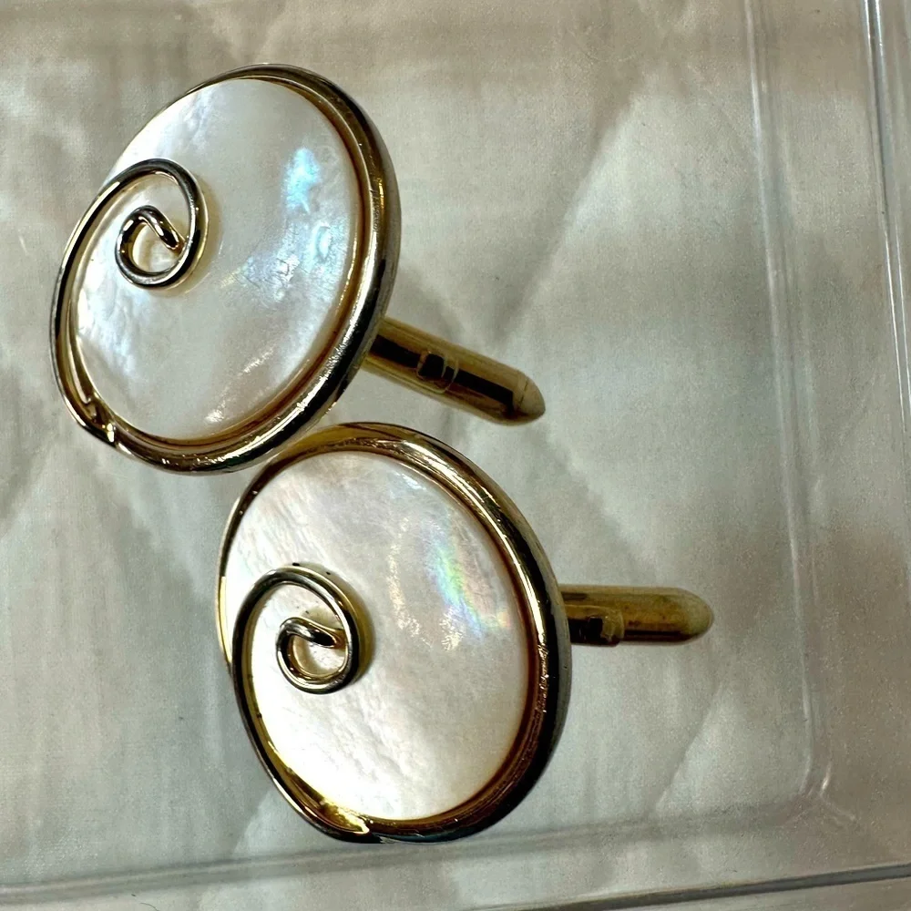 Swank Cufflinks Gold Tone Stainless Steele Mother Of Pearl Shell Mens Vintage
